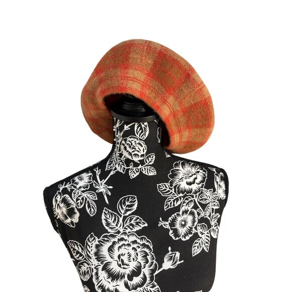 Plaid Wool Blend Beret Hat Burnt Orange and Brown - Picture 1 of 4